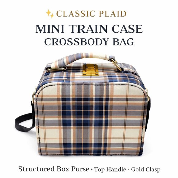Handbags - Plaid Mini Train Case Crossbody Bag – Structured Box Purse – Classic Chic